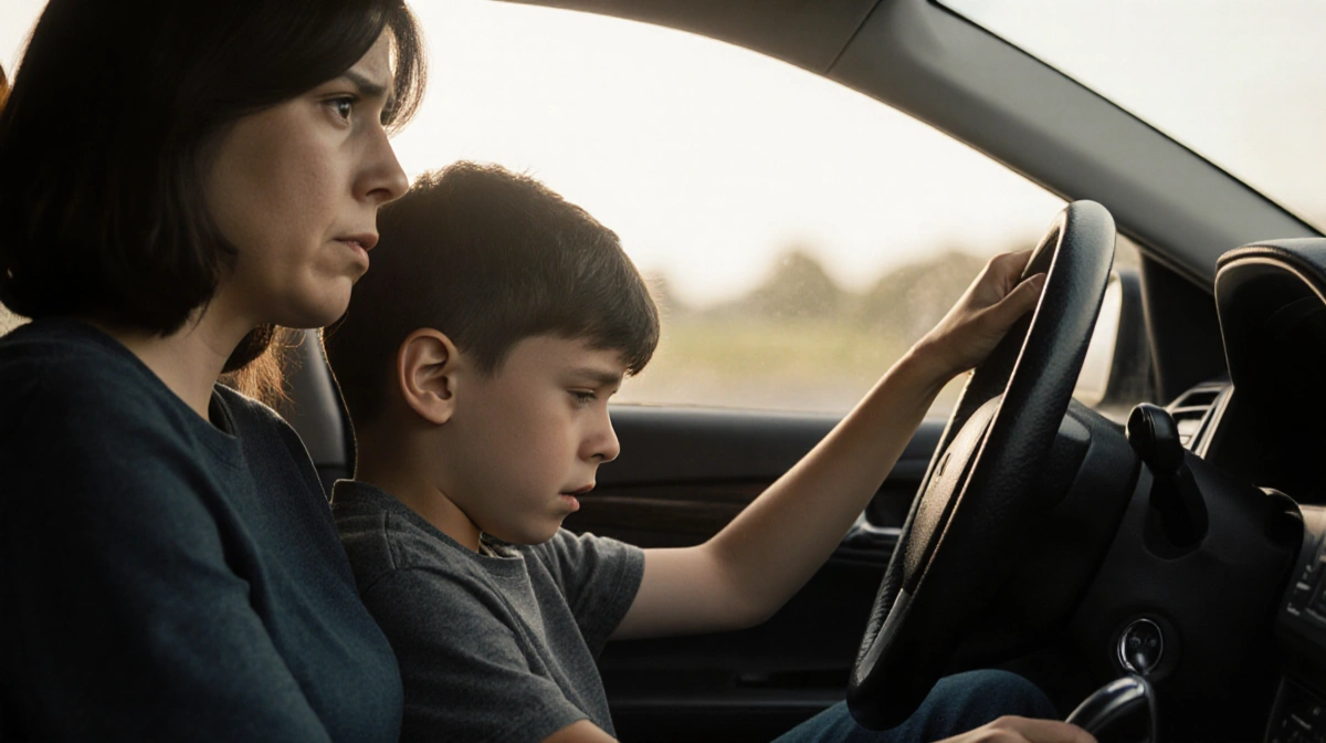 Boy sits beside unconscious mother in car with hand on gas pedal and sunlight streaming through window