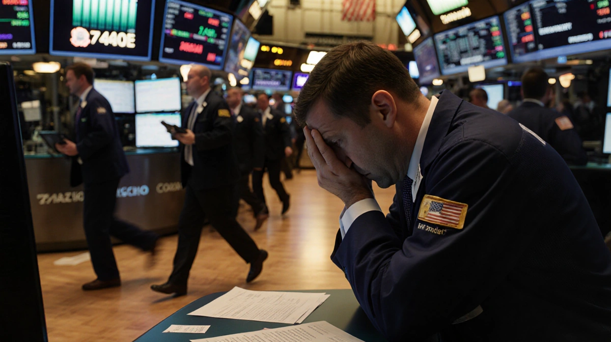 Worried stock market analyst hunched over computer screen with falling stock data and papers scattered on desk