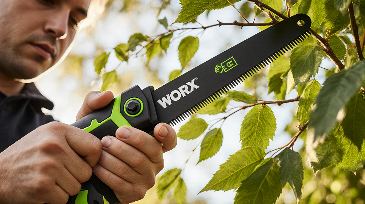 Person pruning tree branch with cordless pruning saw showing focused hands and greenery