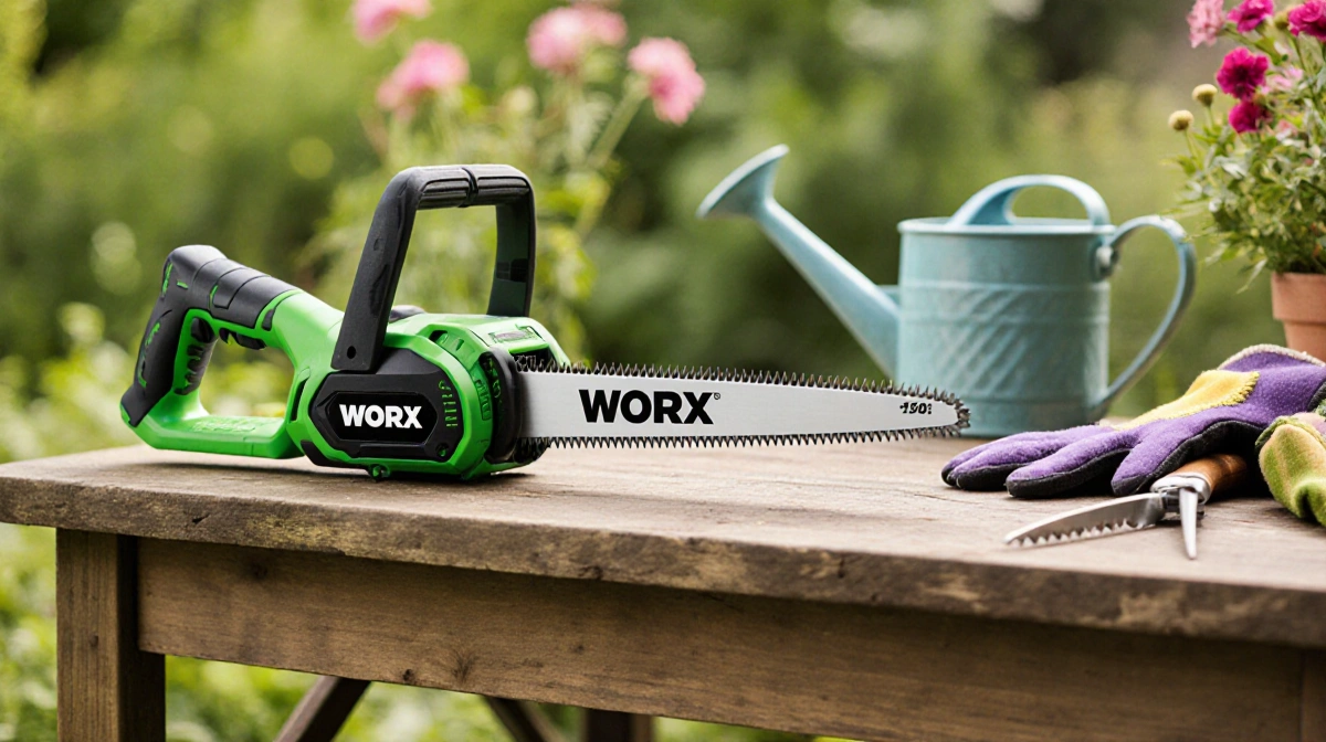 Cordless pruning saw cutting branch with extended blade and gardening tools on table with flowers