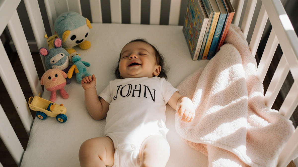 Baby girl Wren Zazie napping in crib with soft toys and pastel blankets showing family initials