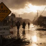 Residents braving rain‑soaked streets with a closed road sign and wet pavement reflecting dim sun