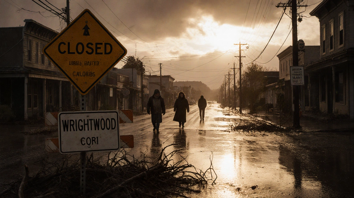 Residents braving rain‑soaked streets with a closed road sign and wet pavement reflecting dim sun