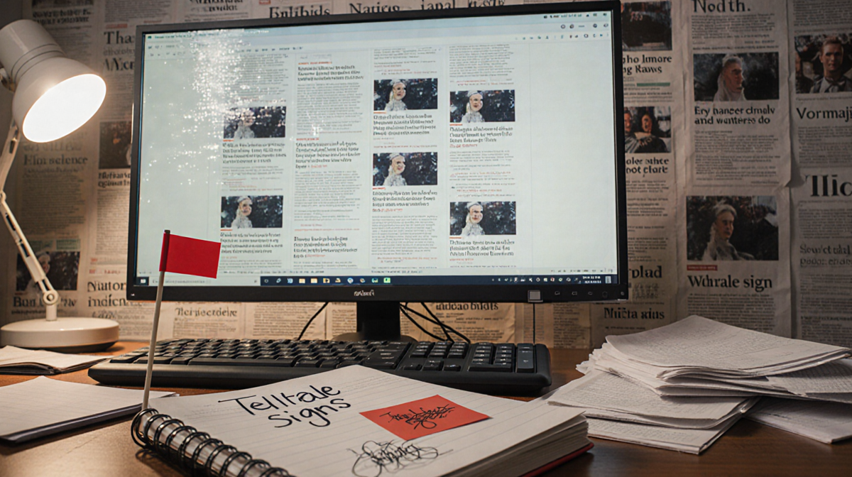 Writer's desk displaying identical articles with a red flag sticker and scribbled note and subtle glitchy fonts