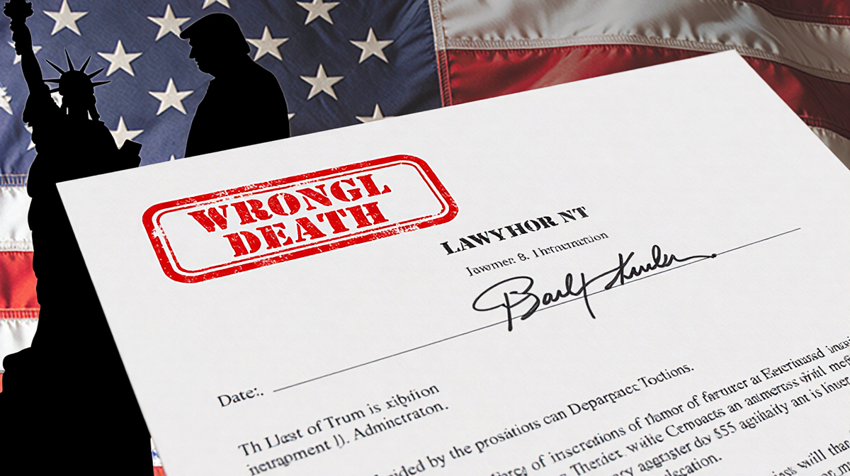 Legal document signed and stamped with wrongful death stamp with boat memorial and American flag silhouette in background