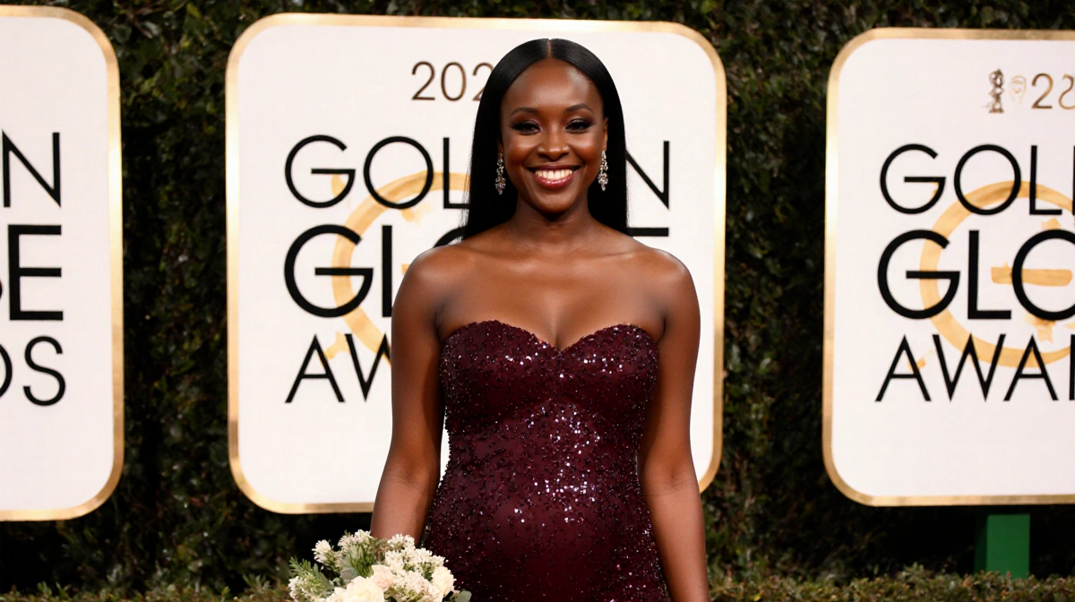 Wunmi Mosaku walking the red carpet with a berry-colored strapless gown and visible pregnancy glow