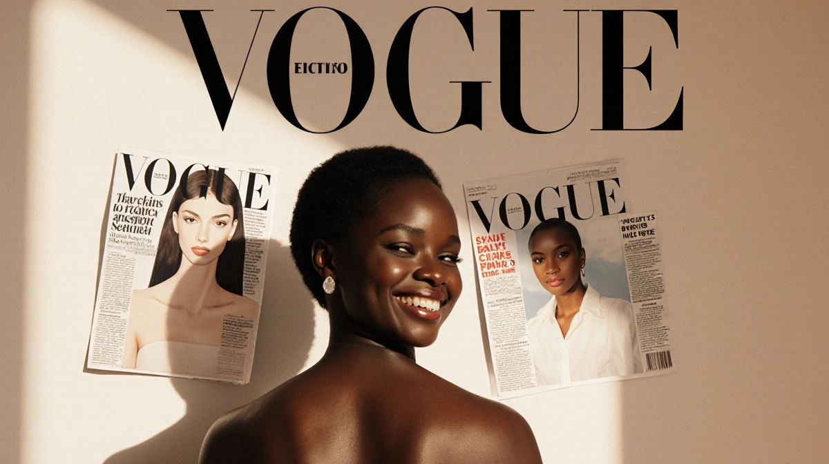 Wunmi Mosaku sits with back to camera facing wall with Vogue title above and magazine covers visible through background