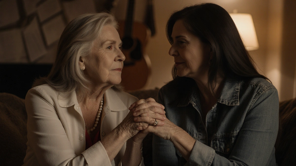 Wynonna and Ashley Judd sitting together with clasped hands and guitar strings showing their musical bond