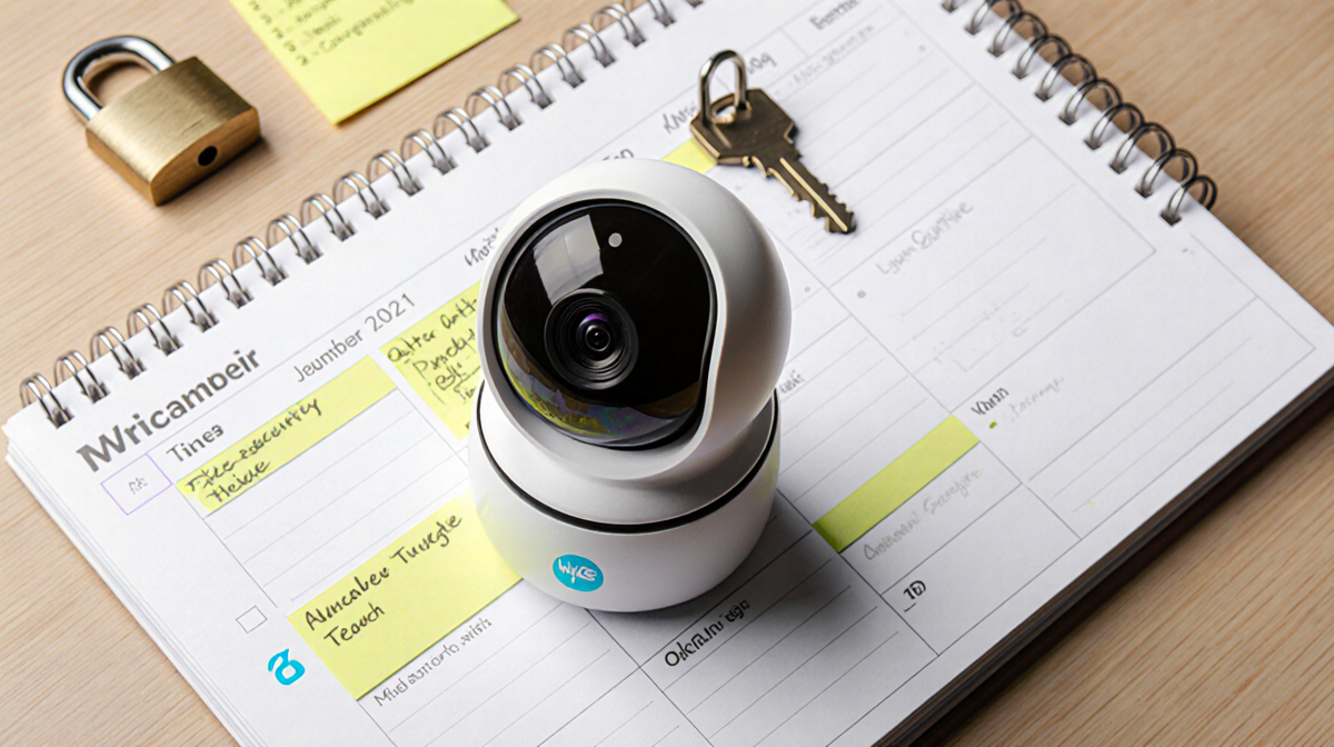 Wyze camera positioned on table with calendar and lock nearby.