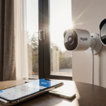 Wyze cameras monitoring indoor and outdoor scenes with a phone open on a coffee table showing the Wyze app.
