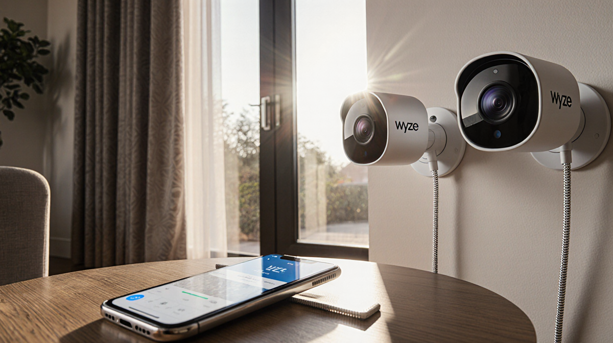 Wyze cameras monitoring indoor and outdoor scenes with a phone open on a coffee table showing the Wyze app.