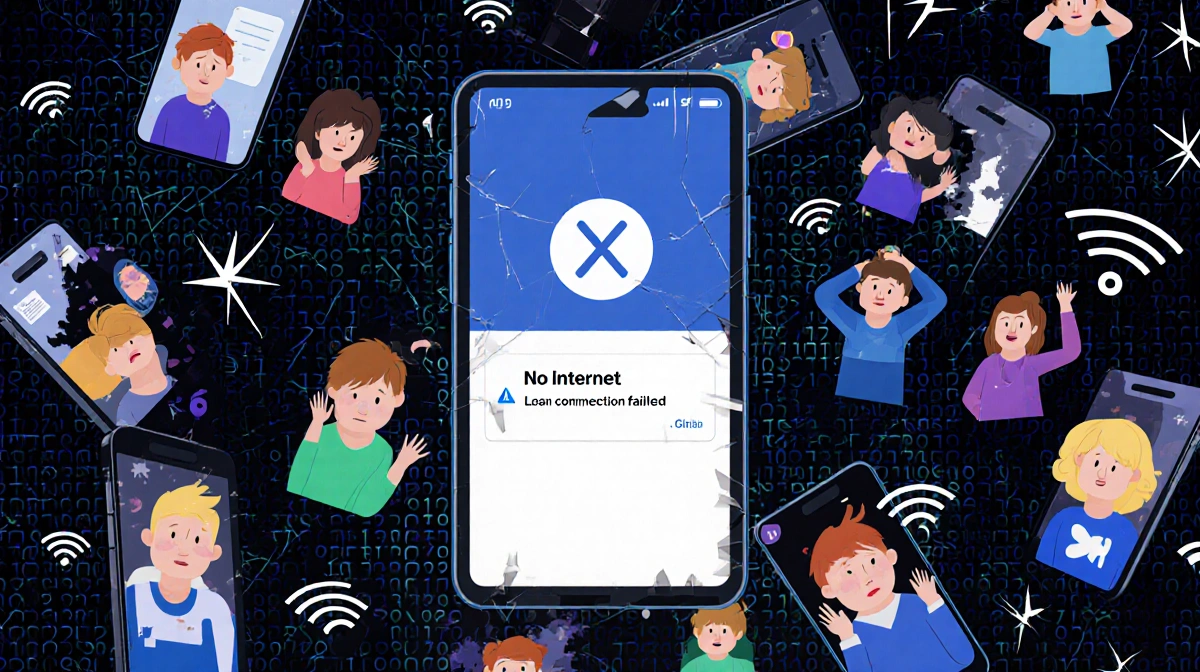 X app shows connection error with glitchy pixels and broken WiFi signals showing 24000 outage impacts