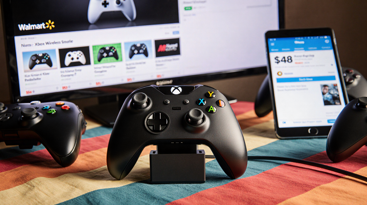 Xbox controller shows $48 price on phone screen with gaming accessories and Walmart deal screens in background