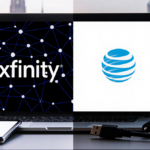 Laptop and smartphone open with Xfinity and AT&T logos overlapping on split screen showing internet plans over blurred citysc