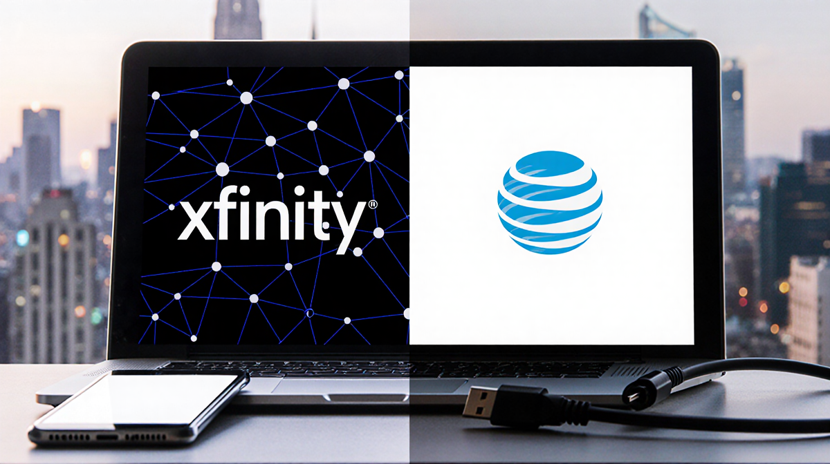 Laptop and smartphone open with Xfinity and AT&T logos overlapping on split screen showing internet plans over blurred citysc