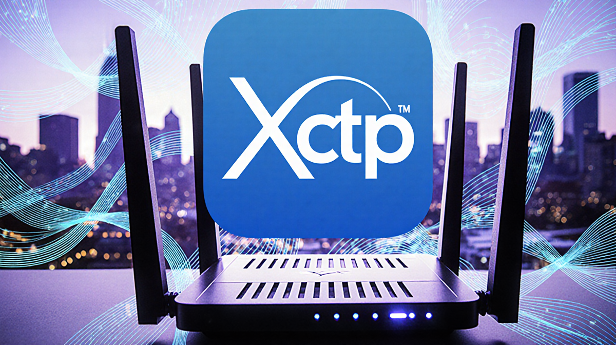 Xfinity router radiating connectivity with its blue and white logo swirling cable wires and a blurred Philadelphia skyline