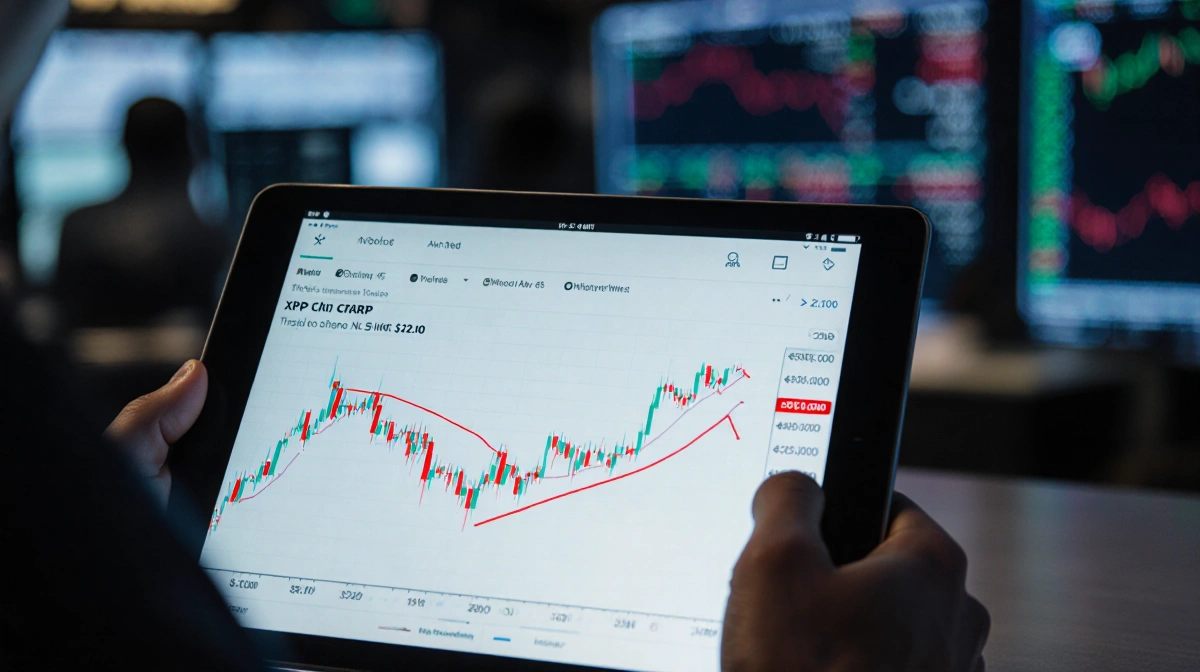 Trader gripping tablet showing XRP chart with red $2.00 pivot line and dim trading floor behind