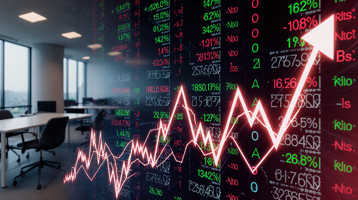 XRP cryptocurrency chart moving with neon‑lit lines and digital ticker effects against a subtle trading floor backdrop