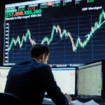 Financial analyst hovering over trading desk with large screen showing XRP cryptocurrency surge and market volatility ripple
