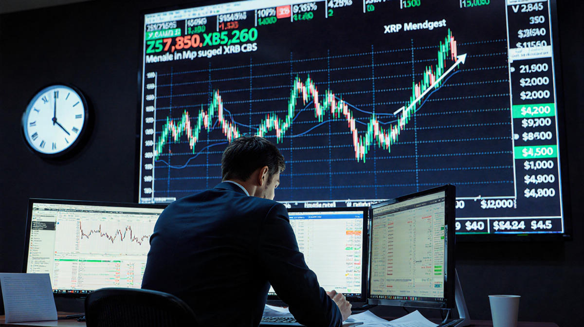 Financial analyst hovering over trading desk with large screen showing XRP cryptocurrency surge and market volatility ripple