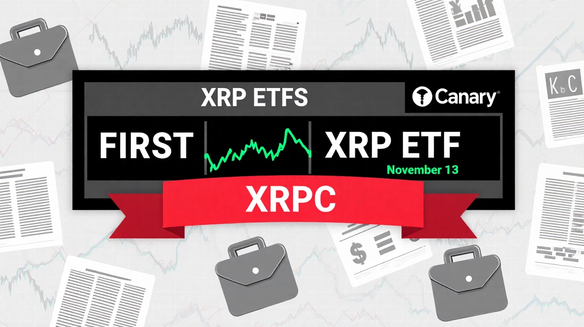 Ticker board showing XRP ETF with red ribbon announcing November 13 listing and financial headlines with briefcase icons