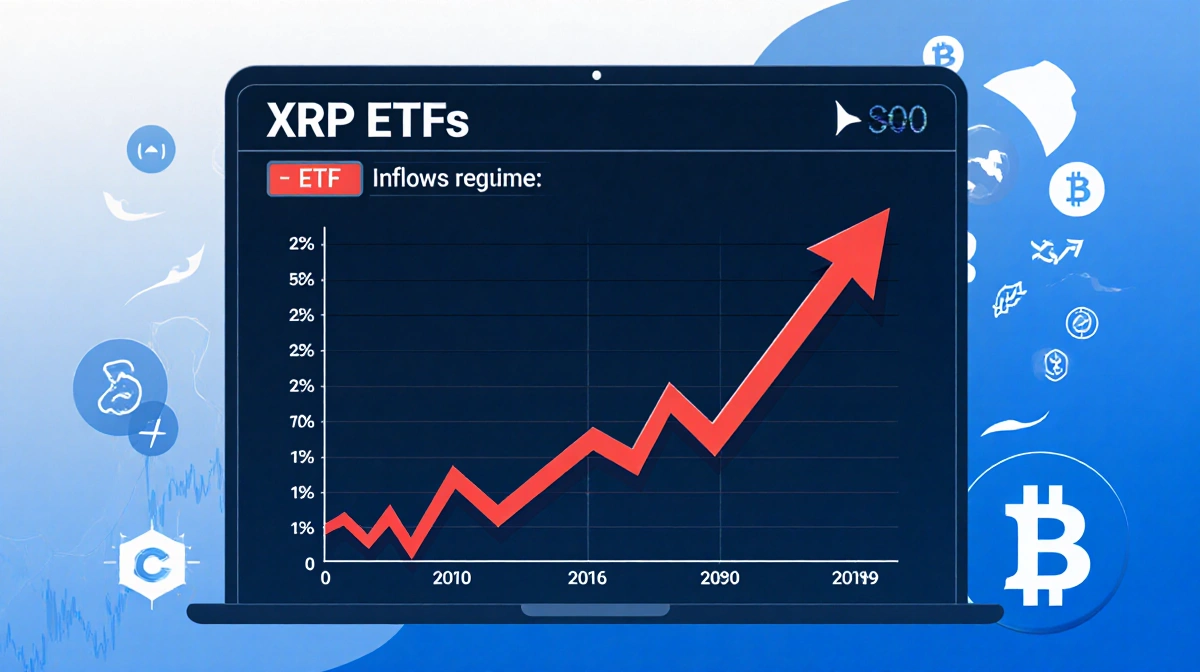 XRP ETF trading graph reversing from downward to upward trend with highlighted red data point and blue gradient background
