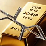 XRP ticker intersects gold bar with metallic lines and warm golden gradient showing bullish growth