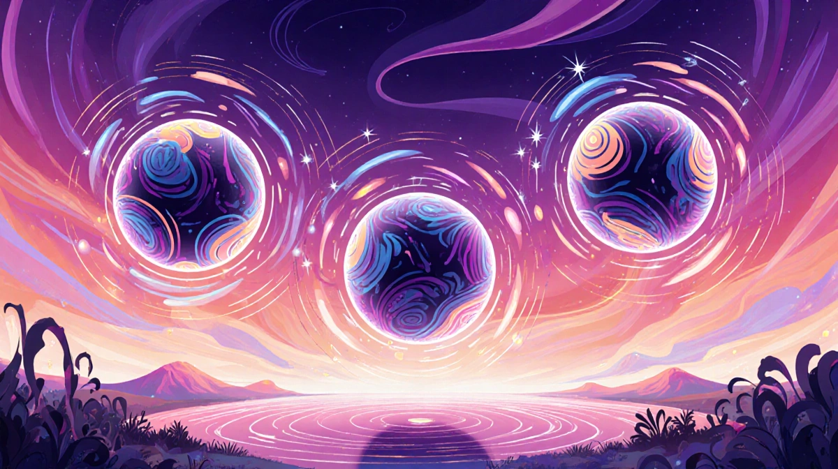Three glowing orbs float in a surreal sky with swirling colors and ripple effects hinting at impossible XRP price surge condi