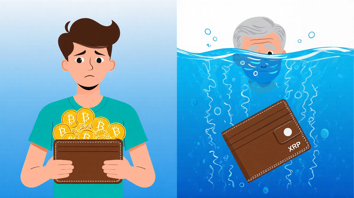 Split screen shows young investors holding XRP coins above 78 cents with worry while older investors drown underwater with bl