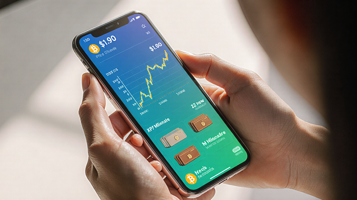 Hands holding smartphone showing XRP price chart with 42 new millionaire wallet icons in blue-green gradient, soft natural li