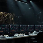 Empty trading floor shows falling XRP prices on computer screens with scattered documents and clockwork mechanism in backgrou