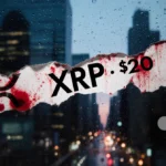 Torn ticker tape shows XRP price dropping below two dollars with red ink stains and city skyline through wet window