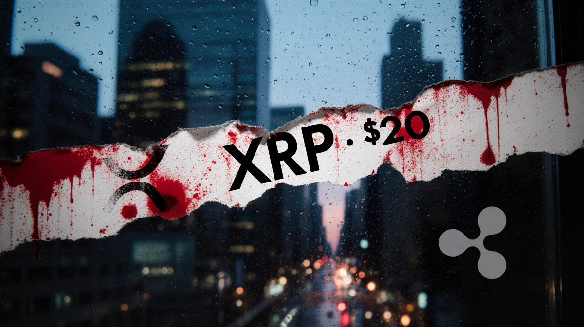 Torn ticker tape shows XRP price dropping below two dollars with red ink stains and city skyline through wet window