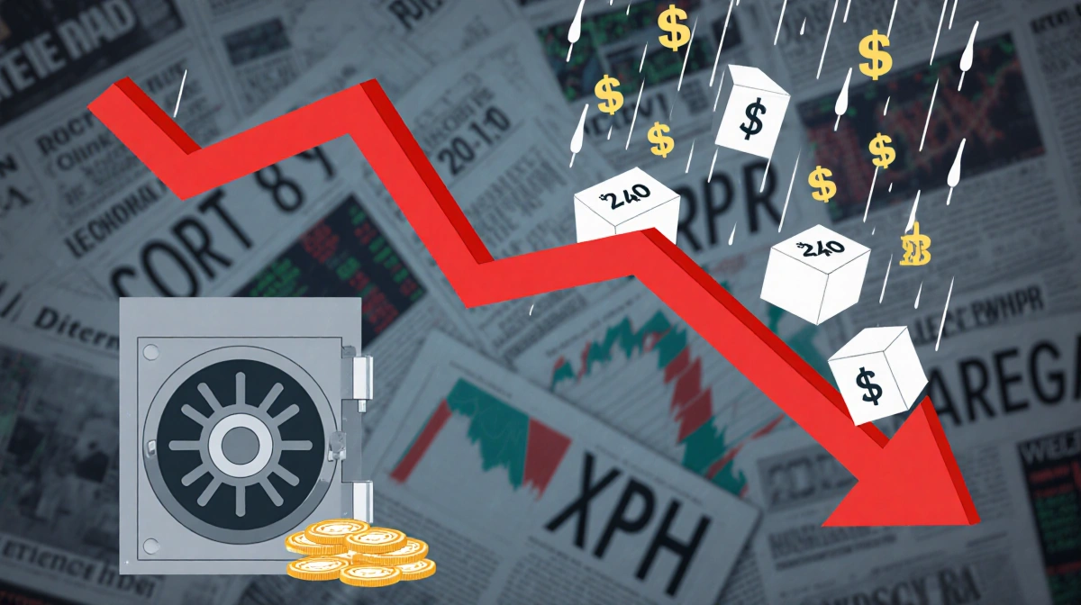 Red price line plunging down with XRP tokens vanishing from vault and dollar signs raining over chaotic market charts