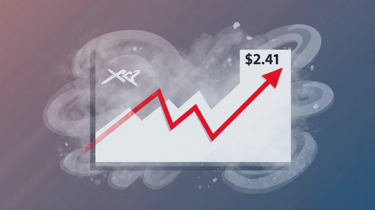 XRP price chart drops from $2 to $2.41 with red downward arrow showing market uncertainty and swirling patterns