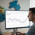 Trader analyzing XRP price drop on computer screen with concerned expression and Greenland map in background