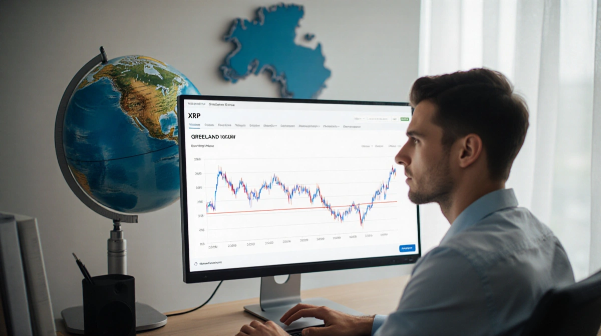 Trader analyzing XRP price drop on computer screen with concerned expression and Greenland map in background