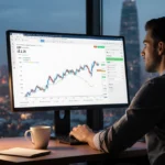 Trader watching XRP price crash to $2.26 on large screen with coffee cup abandoned and city lights visible through window