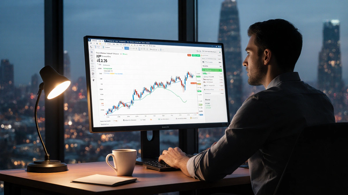 Trader watching XRP price crash to $2.26 on large screen with coffee cup abandoned and city lights visible through window