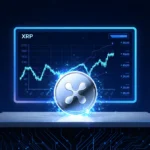 Glowing XRP coin rising from screen with price chart and blockchain patterns on dark futuristic desk