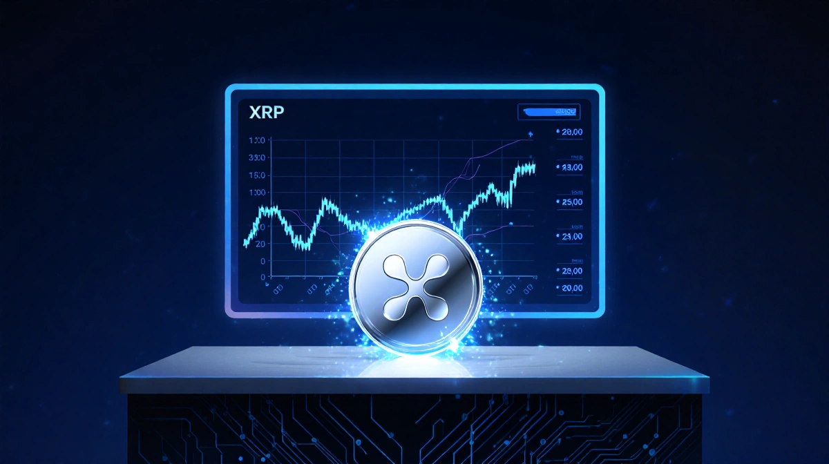 Glowing XRP coin rising from screen with price chart and blockchain patterns on dark futuristic desk