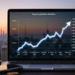 XRP price chart showing upward bounce with cryptocurrency coins and smartphone on desk