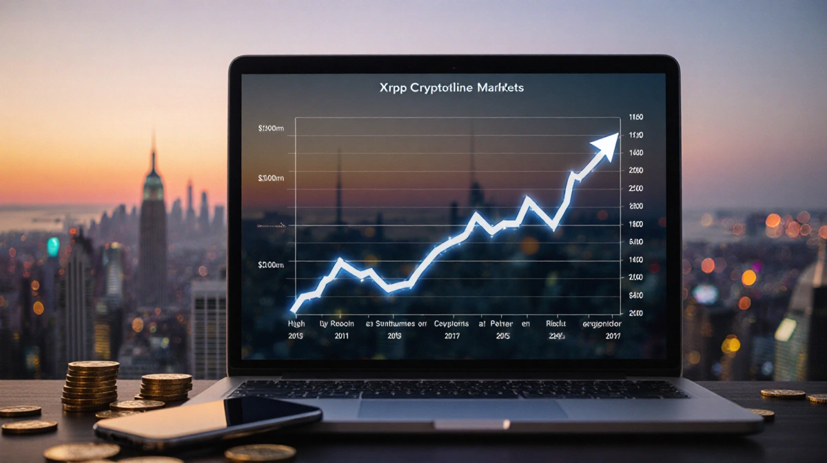 XRP price chart showing upward bounce with cryptocurrency coins and smartphone on desk