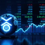Neon-lit XRP ticker screen soaring skyward with glowing numbers and rotating globe showing the XRP logo against a dark tradin