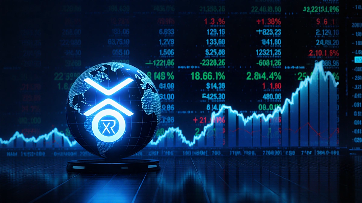 Neon-lit XRP ticker screen soaring skyward with glowing numbers and rotating globe showing the XRP logo against a dark tradin
