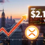 XRP token glows in front of rising price graph with city skyline at sunset showing $2.15