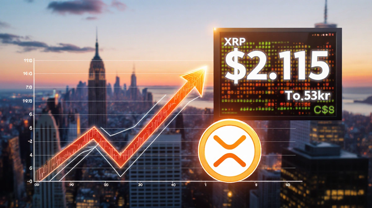 XRP token glows in front of rising price graph with city skyline at sunset showing $2.15