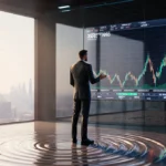 Trader watching XRP price chart on large screen with ripple waves flowing from hand and warm lighting