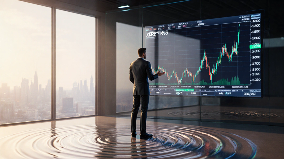 Trader watching XRP price chart on large screen with ripple waves flowing from hand and warm lighting