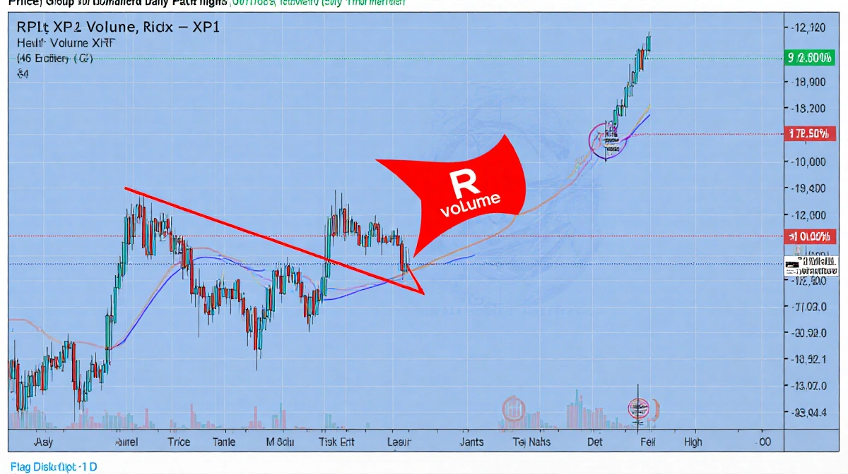 XRP price chart shows declining volume with red flag highlighting lower highs while small trading range suggests limited mark